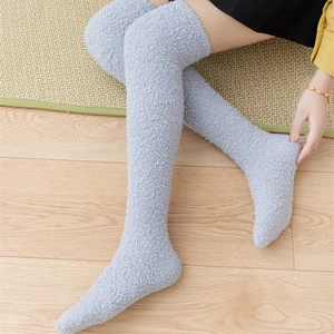Winter Thick Warm Coral Fleece Over The Knee Stockings Soft Solid Color Long Tube Thigh High Socks For Women Home Sleep Floor Socks