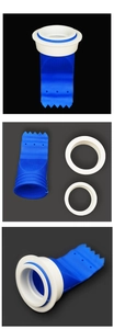 Blue silicone floor drain core with white sealing rings shown in multiple assembly views