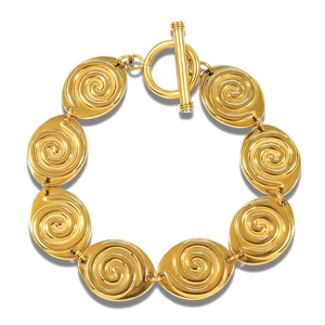 Gold compass style stainless steel chain bracelet with spiral pattern and toggle clasp