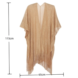 Detail shot of golden glitter fringe shawl with 115cm length and 65cm width dimensions
