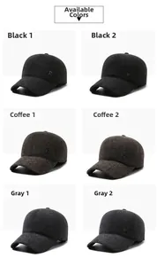 Detailed comparison of wool baseball caps in black, coffee, and grey with metal accents
