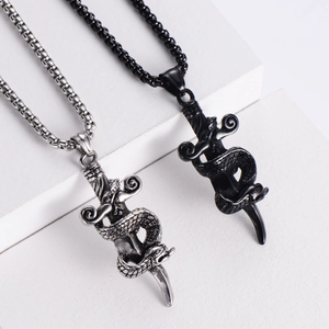 Punk style stainless steel necklace featuring snake coiled around dagger pendant in silver and black