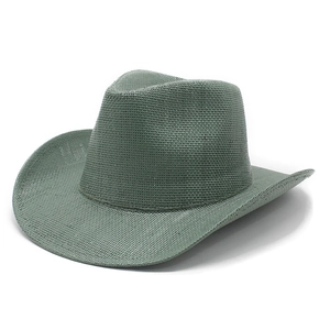 Morandi green woven western cowboy hat with wide brim and vintage jazz style design