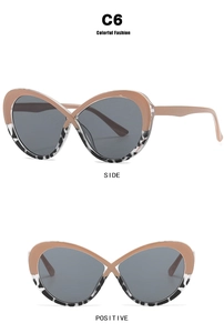 Detail view of oval cat-eye glasses frame with beige and tortoiseshell mixed pattern
