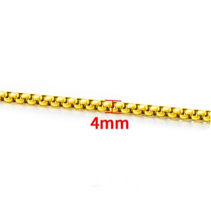 Detailed close-up of 4mm golden stainless steel box chain links on white background