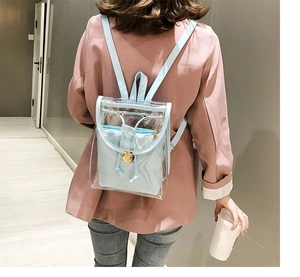 Detail of light blue transparent PVC mini backpack with a nested fabric inner pouch