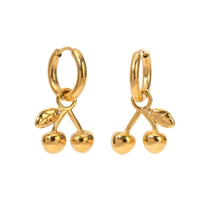 Boucles D'oreilles Pendentif Cerise Plaqué Or 18K Acier Inoxydable Créoles Goutte Style Vintage Pour Femmes Étanche