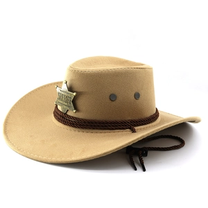 Detail of camel wool fedora with sheriff badge, braided band and adjustable chin strap