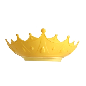 Yellow crown shaped baby shower cap with adjustable silicone ear protection on white background