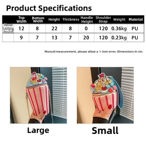 Detailed size chart for small PU leather crossbody bags showing dimensions and weight