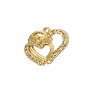 Detailed view of heart-shaped gold pendant with MOM letters and sparkling white rhinestones