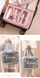 Macro detail of waterproof travel washbag featuring a dual-layer design and PVC window
