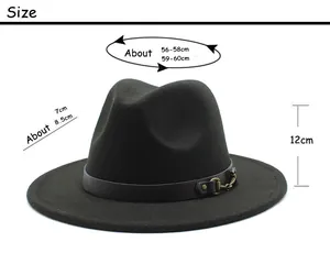 Size chart showing height, brim, and circumference of this black wool fedora hat