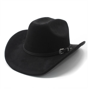 Classic black suede western cowboy hat with a decorative leather band and silver buckle