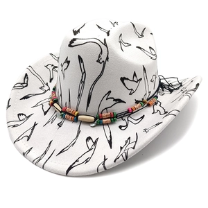 White felt western cowboy hat featuring bird prints and colorful ethnic beaded hatband
