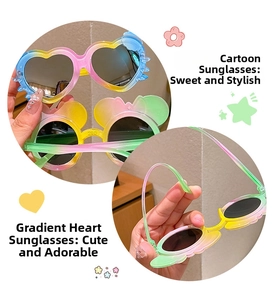 Detail showing flexible rainbow gradient heart-shaped frames on stylish kids sunglasses