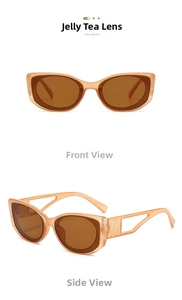 Detail view of jelly tea cat-eye sunglasses with cutout hollow temples and UV protection