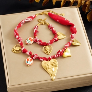 Bohemian Jewelry Necklace And Bracelet Red Paisley Fabric Stainless Steel Heart Tulip Pendants Vintage Style For Women