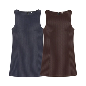 Robe Mini À Rayures Sans Manches Polyester Col Rond Slim Fit Rayée Verticale Bodycon Bureau Décontracté Femmes