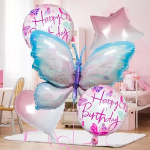 5-piece colorful butterfly balloon set with happy birthday foil stars for party decor