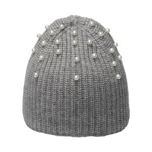 Grey knitted beanie hat with white pearl embellishments on a clean white background