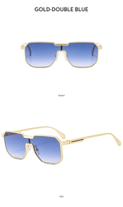 Front- und Seitenansicht der goldenen Metall-Sonnenbrille mit blauem Verlaufsglas-Detail