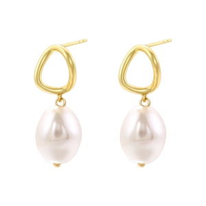 Elegant gold twisted hoop earrings featuring white rice pearls and bow-shaped floral design
