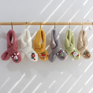 Kids plush Christmas scarves collection in six colors with festive 3D cartoon ornaments