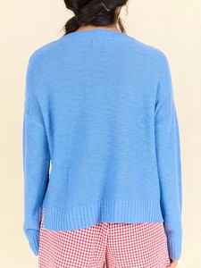 Maglione in maglia blu da donna con vestibilità comoda e girocollo vista posteriore