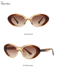 Front and side view of retro oval cat-eye sunglasses with brown gradient frames