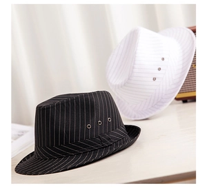 Close-up of fedora hat featuring vertical stripes and metal breathable side eyelets