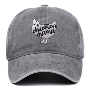 Faded grey cotton baseball cap with Chicken Mama embroidery and curved brim