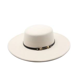 Elegant white wool felt flat top hat with black PU leather band and gold buckle