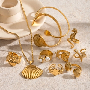 Bagues Thème Océan Acier Inoxydable Plaqué Or 18K Coquillage Étoile De Mer Hippocampe Künstliche Perle Ajustable Bijoux Femmes