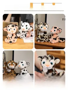 Detail shots of colorful leopard plush toys in various patterns on a warm wooden background