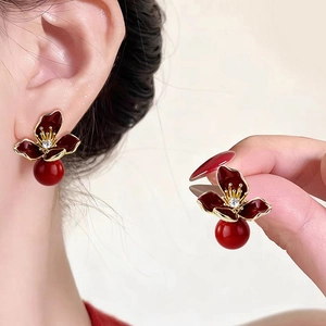 Red Flower Dangle Earrings With Silver Earring Post Enamel Resin Floral Studs Rhinestone Zircon Vintage Elegant Jewelry