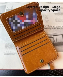 Detailed interior of a brown faux leather wallet showing card slots and photo window
