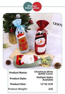 Close-up of linen Christmas wine bottle bags with Santa, snowman and elk motifs