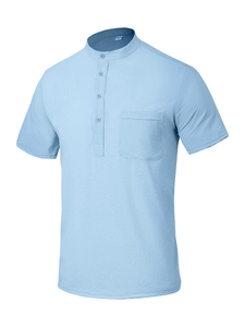 Detail of light blue short sleeve henley shirt with waffle texture and chest pocket