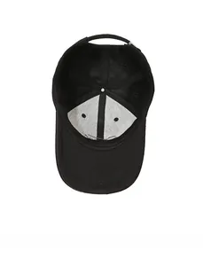 Detail view of the six-panel interior structure and stitching of this black baseball cap