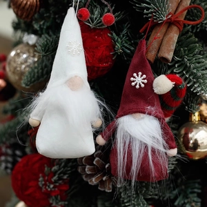 Handmade Santa Gnome Christmas tree ornaments in white and burgundy felt decorations