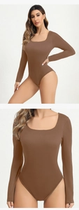 Detailed view of dark brown square neck bodysuit showing elastic ribbed texture and long sleeves