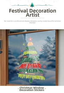 Close-up of colorful hand-painted Christmas tree static glass stickers on a shop window