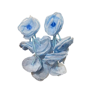 Light blue mesh flower earrings with pearl beads and forest-style floral design
