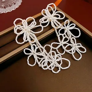 White Flower Tassel Dangle Earrings Handmade Seed Beads Imitation Artificial Pearls Elegant Jewelry With Silver Earring Post Women