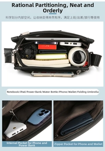 Detailed internal compartments of a men's business messenger bag showing organized storage