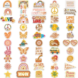 Retro hippie stickers featuring rainbow and flower motifs in a neat grid layout