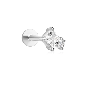 Macro view of S925 silver flat back earring with square and round cubic zirconia studs