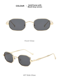 Detailed views of hexagon sunglasses with slim gold metal frames and dark grey lenses