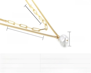 Detail view of double-layer gold stainless steel necklace with shell pearl pendant size info